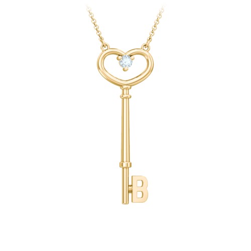 Initial Heart Key Necklace with Gemstone - B – 18K Gold Plated Silver with Aquamarine