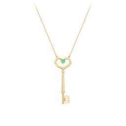 Initial Heart Key Necklace with Gemstone - B in 10K Solid Yellow Gold with Emerald