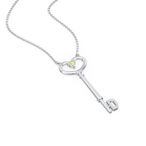 Initial Heart Key Necklace with Gemstone - D