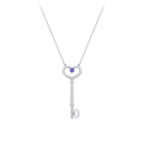 Initial Heart Key Necklace with Gemstone - D