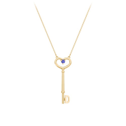 Initial Heart Key Necklace with Gemstone - D – 18K Gold Plated Silver with Blue Sapphire