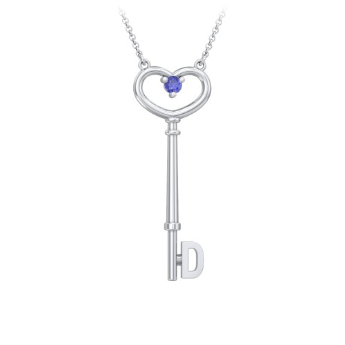 Initial Heart Key Necklace with Gemstone - D – Sterling Silver with Blue Sapphire