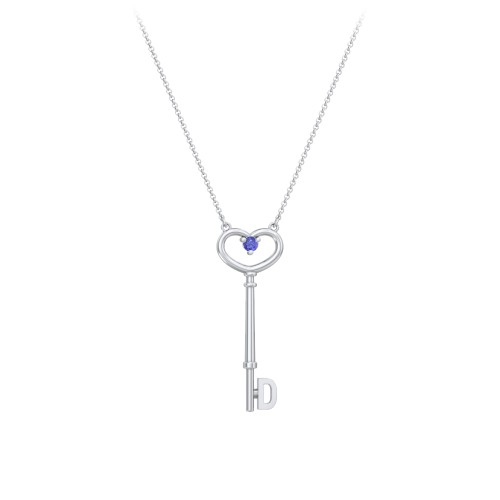 Initial Heart Key Necklace with Gemstone - D – Sterling Silver with Blue Sapphire