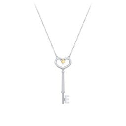 Initial Heart Key Necklace with Gemstone - E