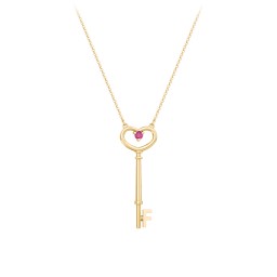 Initial Heart Key Necklace with Gemstone - F in 18K Gold Plated Silver with Ruby
