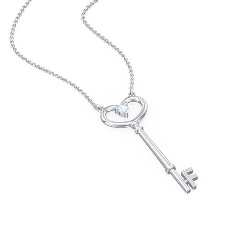 Initial Heart Key Necklace with Gemstone - F