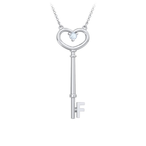 Initial Heart Key Necklace with Gemstone - F
