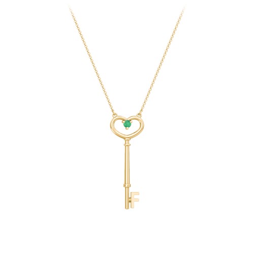 Initial Heart Key Necklace with Gemstone - F – 18K Gold Plated Silver with Emerald