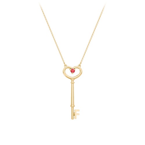 Initial Heart Key Necklace with Gemstone - F – 18K Gold Plated Silver with Garnet