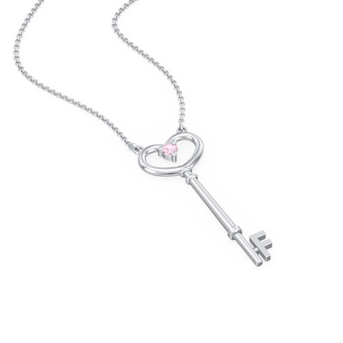 Initial Heart Key Necklace with Gemstone - F – Sterling Silver with Pink Tourmaline