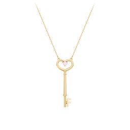 Initial Heart Key Necklace with Gemstone - F in 10K Solid Yellow Gold with Fancy Pink Premium Zirconia
