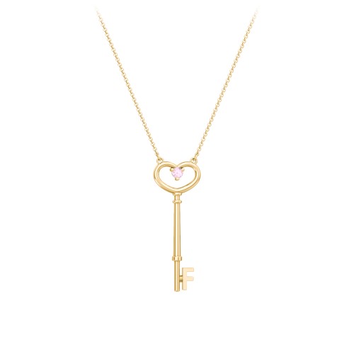 Initial Heart Key Necklace with Gemstone - F – 10K Yellow Gold with Pink Tourmaline