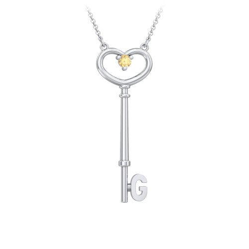 Initial Heart Key Necklace with Gemstone - G – Sterling Silver with Citrine