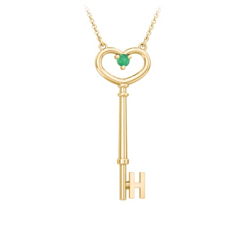 Initial Heart Key Necklace with Gemstone - H – 18K Gold Plated Silver with Emerald
