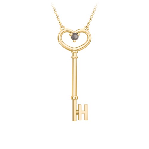 Initial Heart Key Necklace with Gemstone - H – 18K Gold Plated Silver with Smokey Quartz