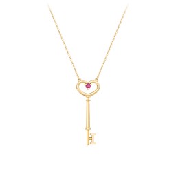 Initial Heart Key Necklace with Gemstone - I in 18K Gold Plated Silver with Ruby