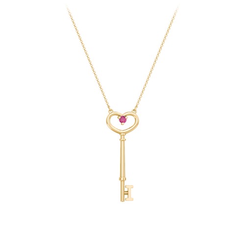 Initial Heart Key Necklace with Gemstone - I – 18K Gold Plated Silver with Ruby