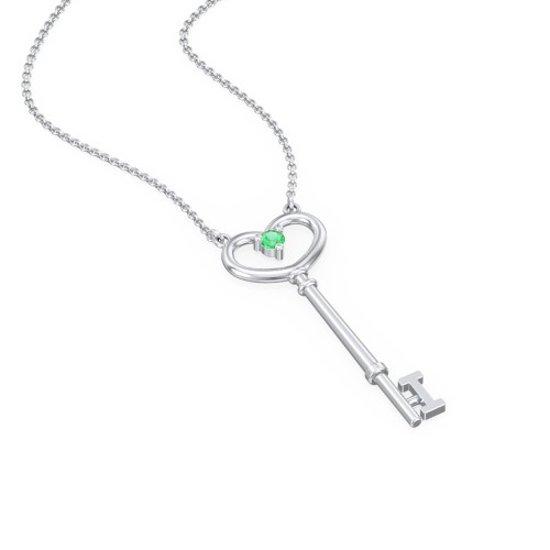 Initial Heart Key Necklace with Gemstone - I – Sterling Silver with Emerald