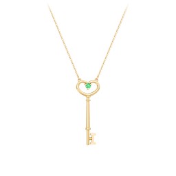Initial Heart Key Necklace with Gemstone - I in 10K Solid Yellow Gold with Emerald