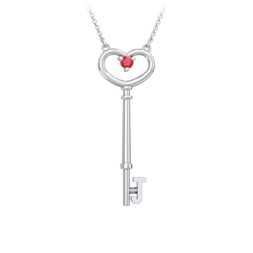 Initial Heart Key Necklace with Gemstone - J