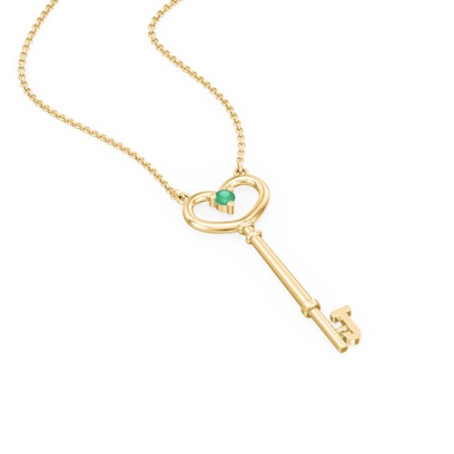 Initial Heart Key Necklace with Gemstone - J – 18K Gold Plated Silver with Emerald