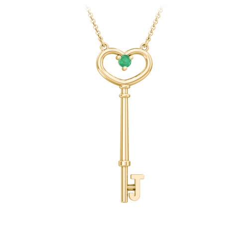 Initial Heart Key Necklace with Gemstone - J – 18K Gold Plated Silver with Emerald