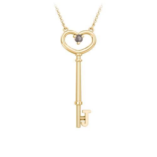 Initial Heart Key Necklace with Gemstone - J – 18K Gold Plated Silver with Smokey Quartz