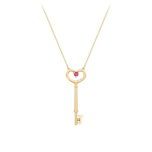 Initial Heart Key Necklace with Gemstone - J – 18K Gold Plated Silver with Ruby