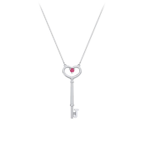 Initial Heart Key Necklace with Gemstone - J – Sterling Silver with Ruby