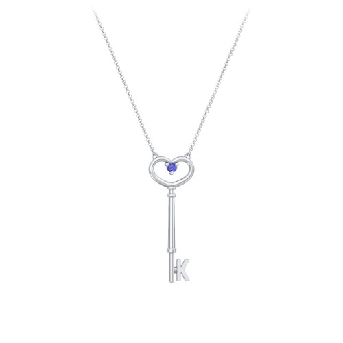 Initial Heart Key Necklace with Gemstone - K