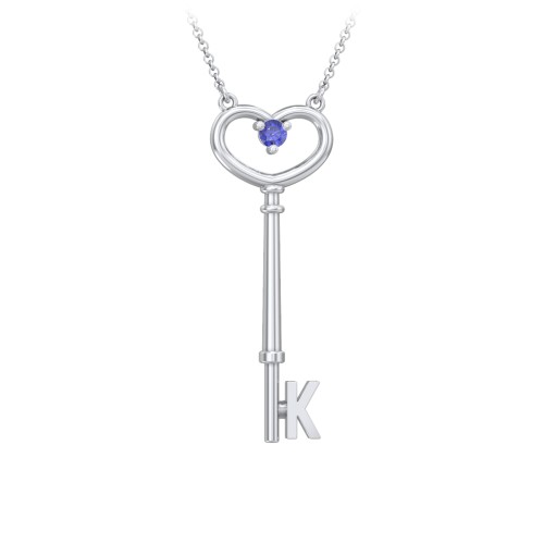 Initial Heart Key Necklace with Gemstone - K – Sterling Silver with Blue Sapphire