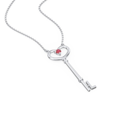 Initial Heart Key Necklace with Gemstone - L