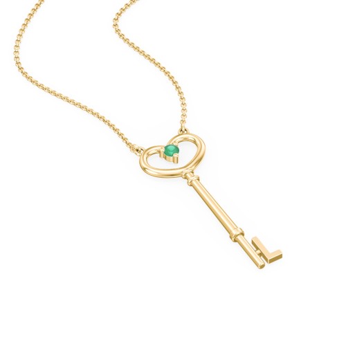Initial Heart Key Necklace with Gemstone - L – 18K Gold Plated Silver with Emerald