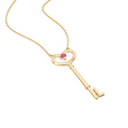 Initial Heart Key Necklace with Gemstone - L – 18K Gold Plated Silver with Ruby