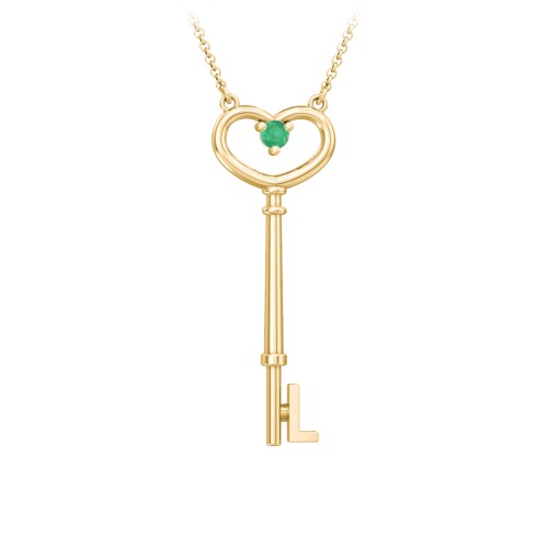 Initial Heart Key Necklace with Gemstone - L – 18K Gold Plated Silver with Emerald