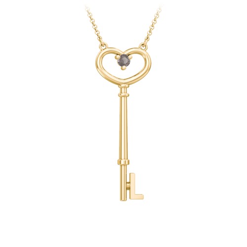 Initial Heart Key Necklace with Gemstone - L – 18K Gold Plated Silver with Smokey Quartz