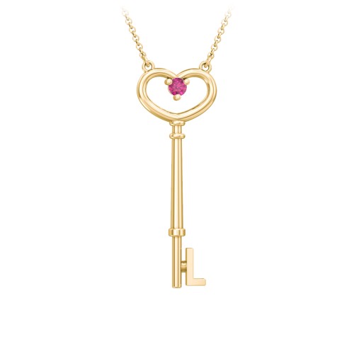 Initial Heart Key Necklace with Gemstone - L – 18K Gold Plated Silver with Ruby