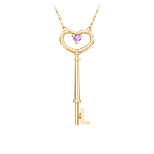 Initial Heart Key Necklace with Gemstone - L – 18K Gold Plated Silver with Amethyst