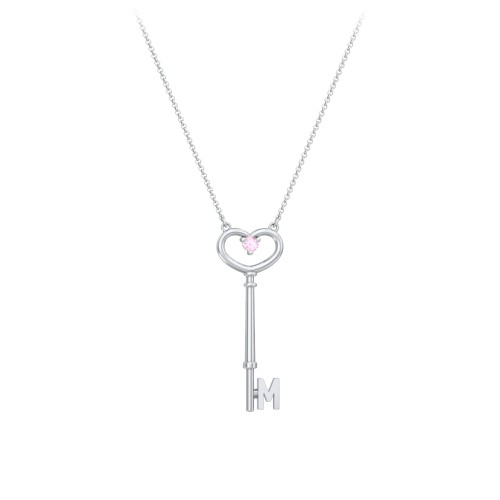 Initial Heart Key Necklace with Gemstone - M