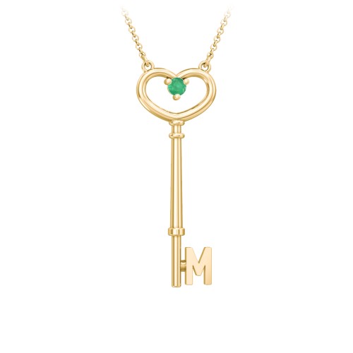 Initial Heart Key Necklace with Gemstone - M – 18K Gold Plated Silver with Emerald