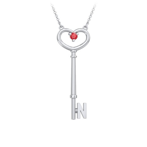 Initial Heart Key Necklace with Gemstone - N
