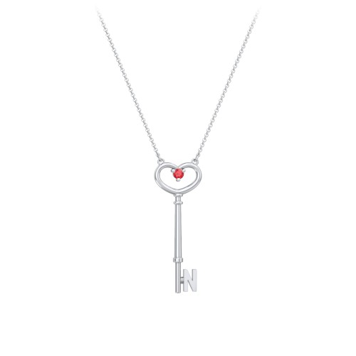 Initial Heart Key Necklace with Gemstone - N