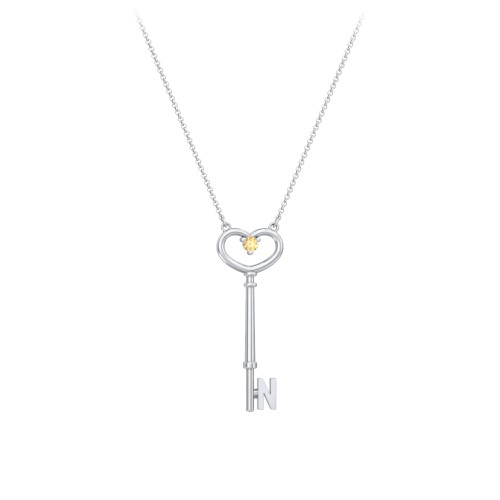 Initial Heart Key Necklace with Gemstone - N