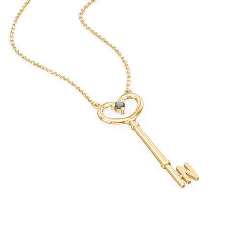Initial Heart Key Necklace with Gemstone - N – 18K Gold Plated Silver with Smokey Quartz