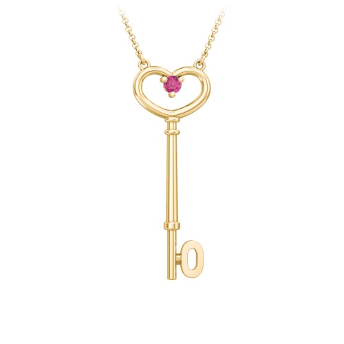 Initial Heart Key Necklace with Gemstone - O – 18K Gold Plated Silver with Ruby