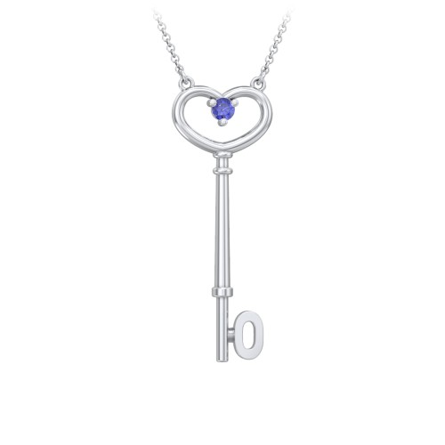 Initial Heart Key Necklace with Gemstone - O – Sterling Silver with Blue Sapphire