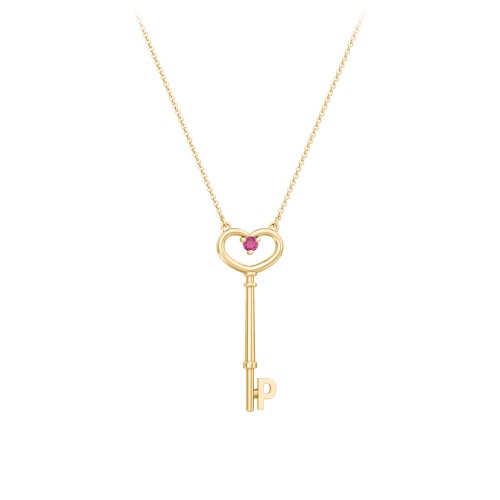 Initial Heart Key Necklace with Gemstone - P – 18K Gold Plated Silver with Ruby