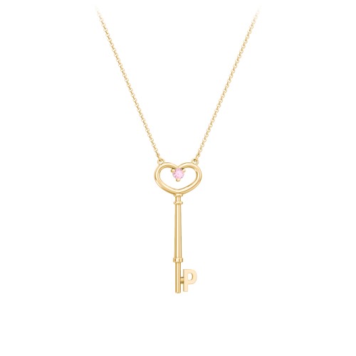 Initial Heart Key Necklace with Gemstone - P – 18K Gold Plated Silver with Pink Tourmaline