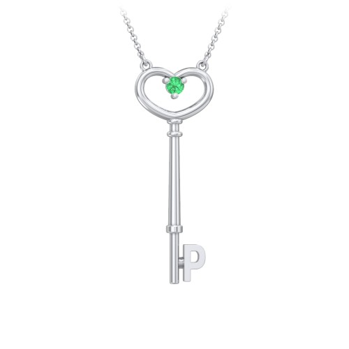 Initial Heart Key Necklace with Gemstone - P – Sterling Silver with Emerald