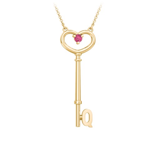 Initial Heart Key Necklace with Gemstone - Q – 18K Gold Plated Silver with Ruby